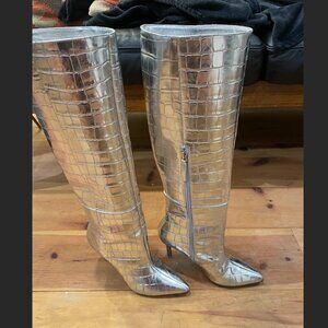 Silver Croc Knee High Boots